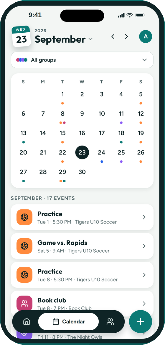 The month calendar with colored dots showing which groups have events on each day