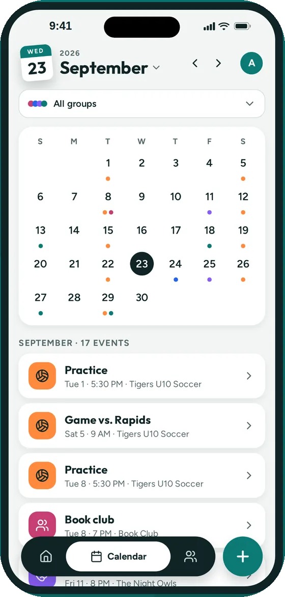 Groupy's month calendar with colored dots on busy days and the month's events listed below