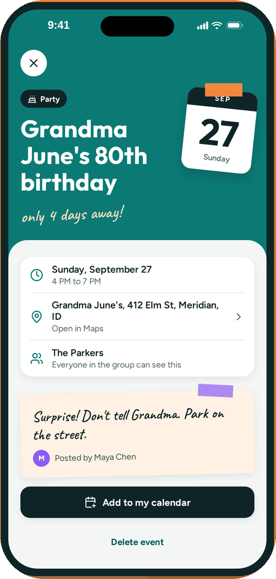 An event page for Grandma June's 80th birthday with the date card, address, a note and a countdown