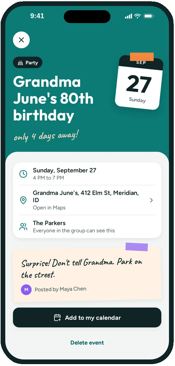 A Groupy event page with the date, address, a note and a countdown