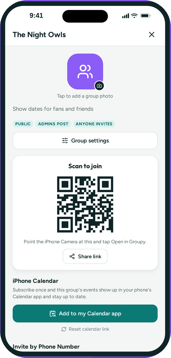 A band's group page with a QR code fans can scan to follow their show dates