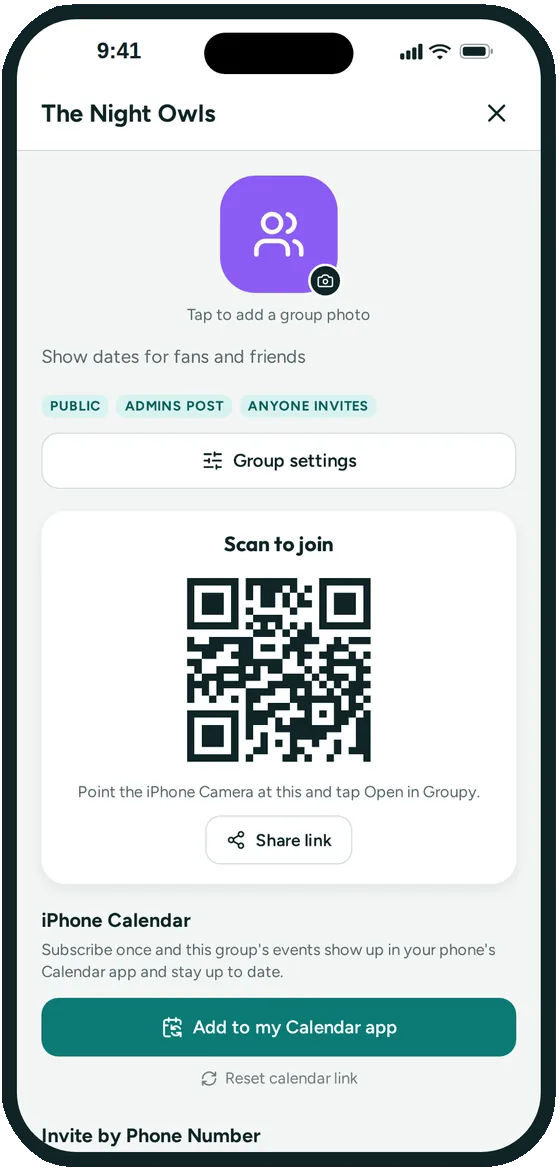 A band's group page in Groupy with a QR code fans can scan to follow their show dates and an Add to my Calendar app button