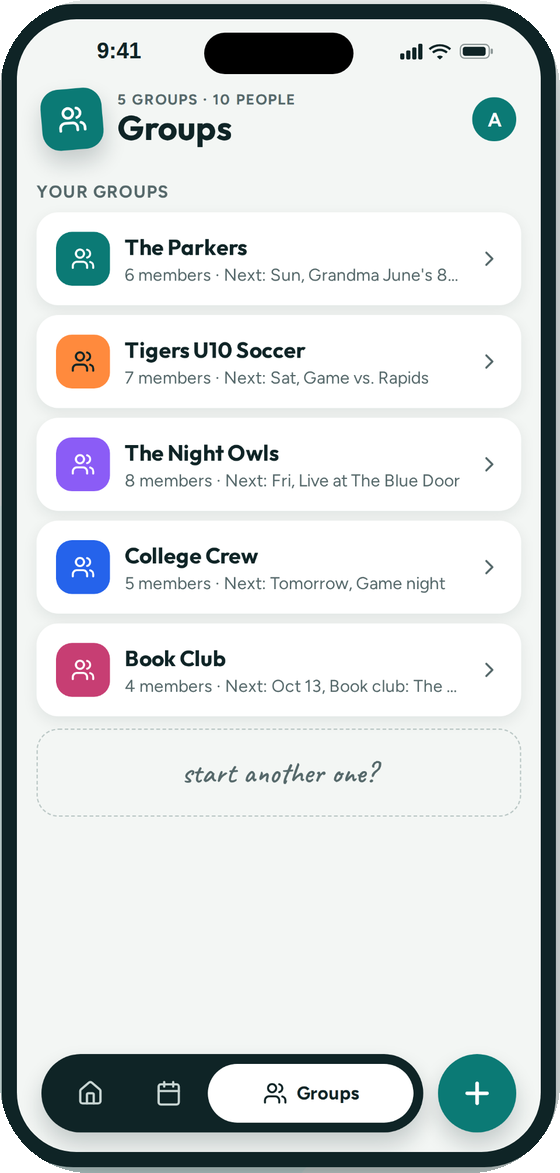 The Groups screen with a family, a soccer team, a band, a friend group and a book club