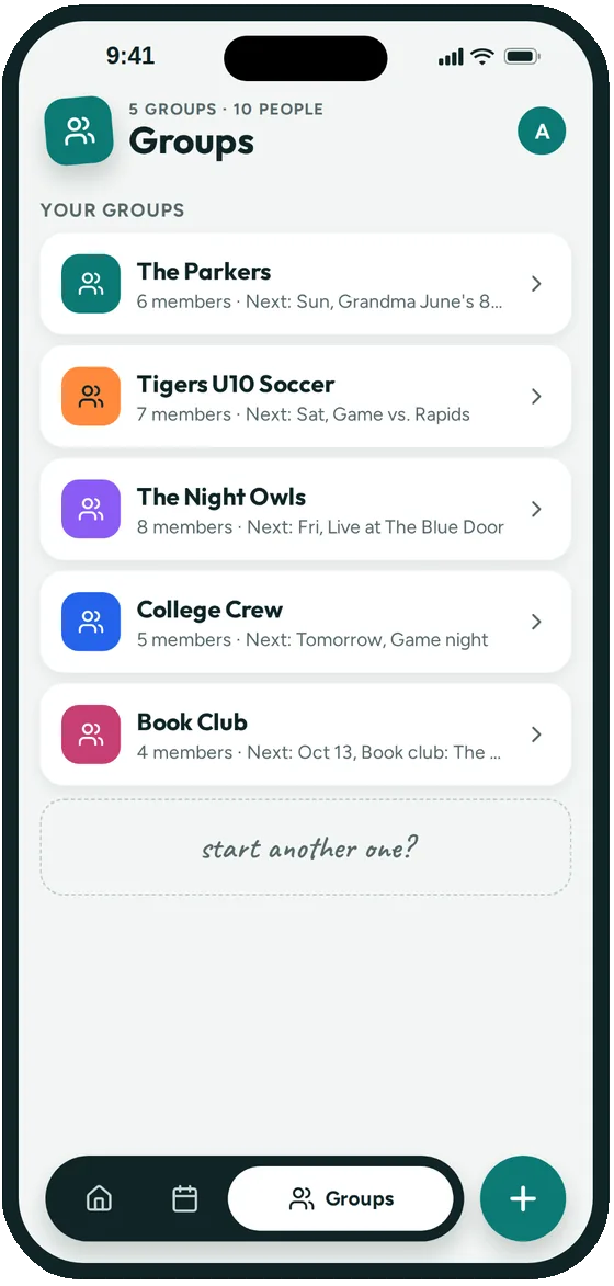Groupy's Groups screen with a family, a soccer team, a band, a friend group and a book club