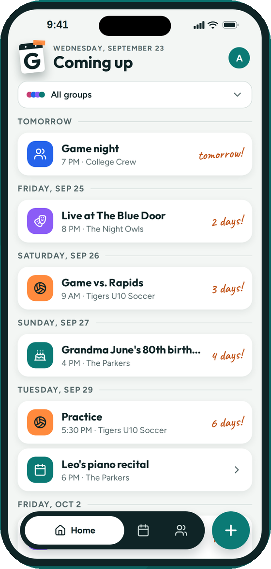 Groupy's home screen listing upcoming events from a family, a soccer team, a band and a group of friends