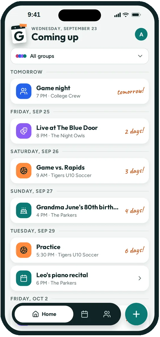 Groupy's Coming up list showing a soccer game and practice next to family events and a friend group's game night