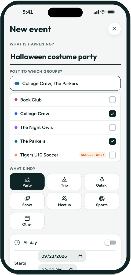 The new event form with several groups checked at once
