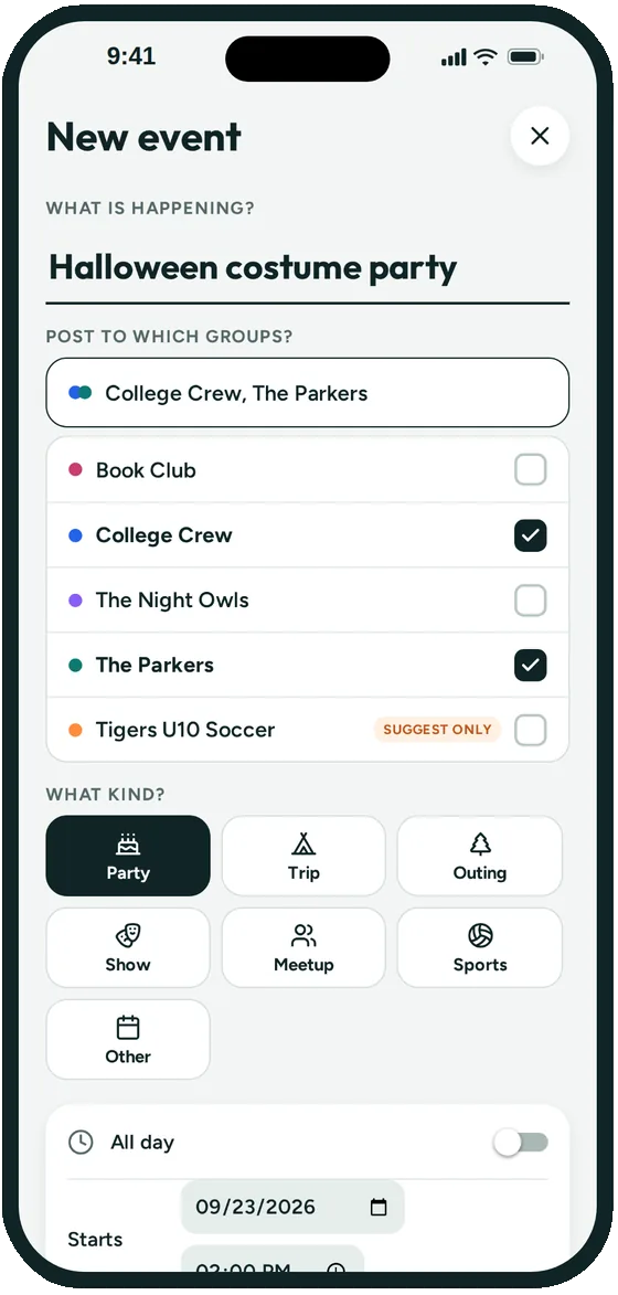 Groupy's New event form posting a Halloween costume party to two groups at once