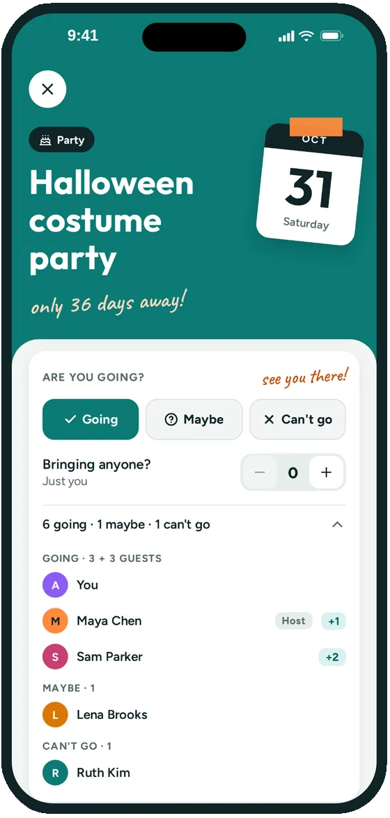 A Groupy event page with Going selected and the list of who's going, who might go and who can't