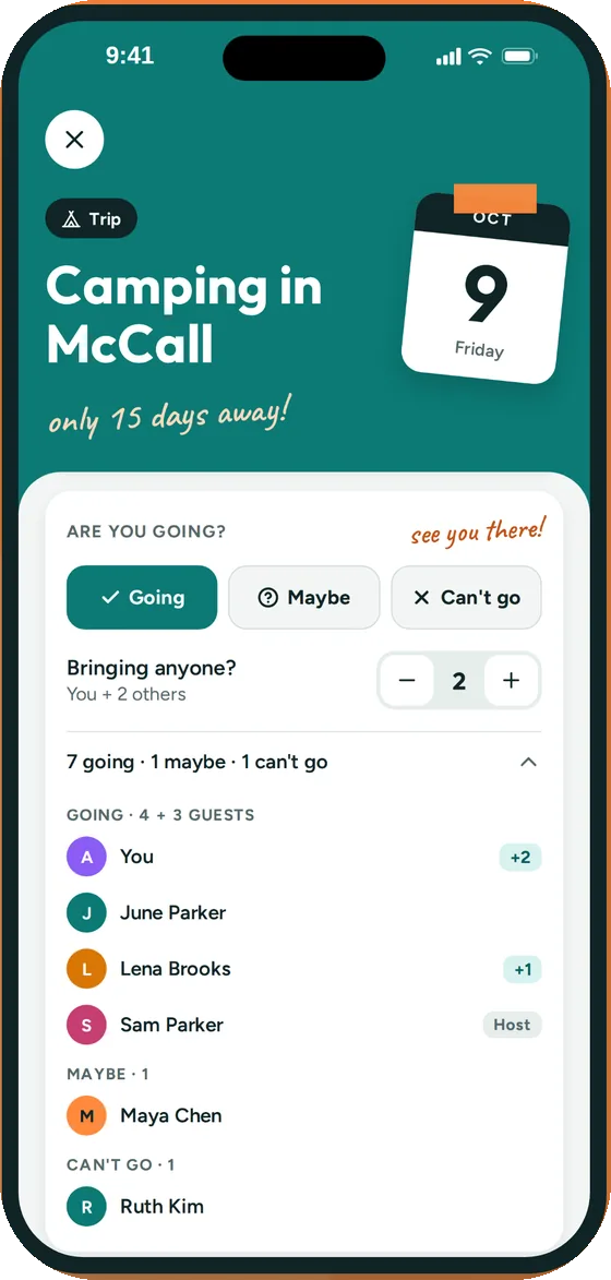 A Groupy event page with Going selected, two guests added and a headcount of who's going, who might go and who can't