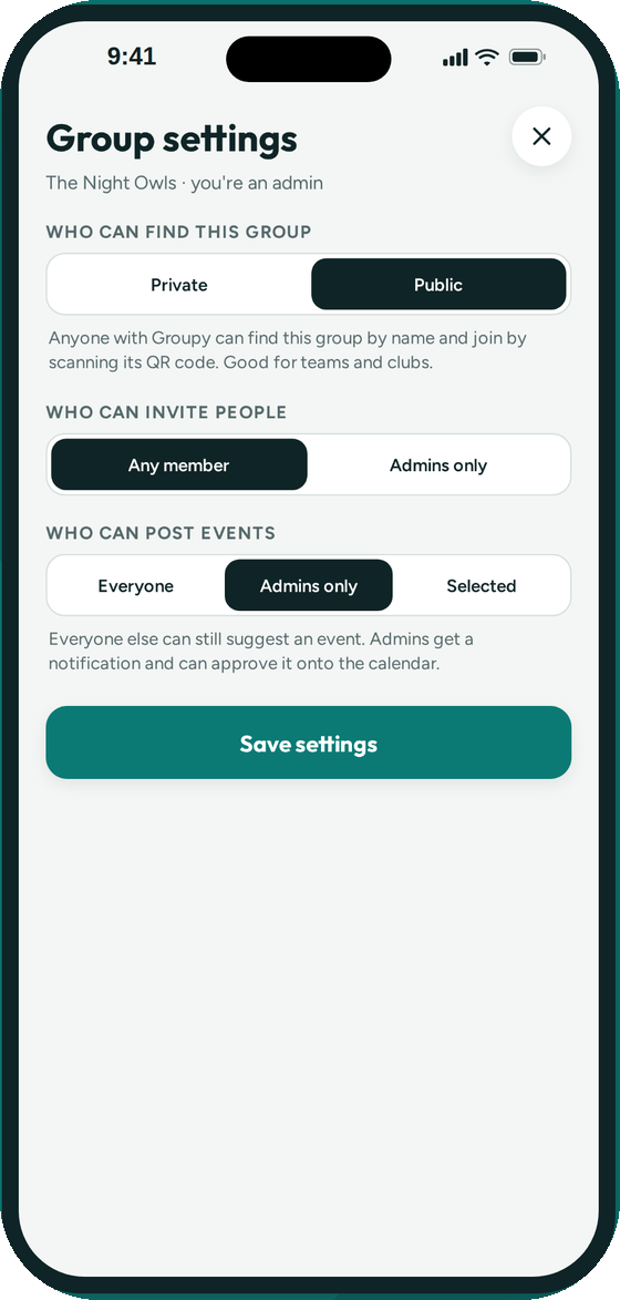 Group settings for who can find the group, who can invite and who can post