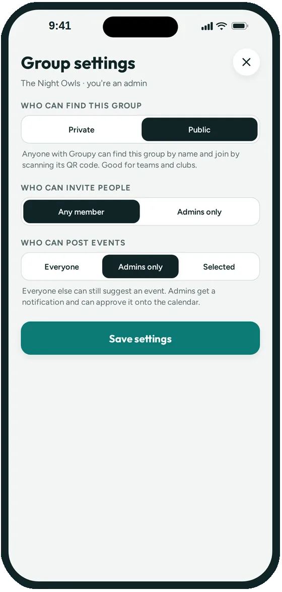 Group settings in Groupy for who can find the group, who approves new members and who can post