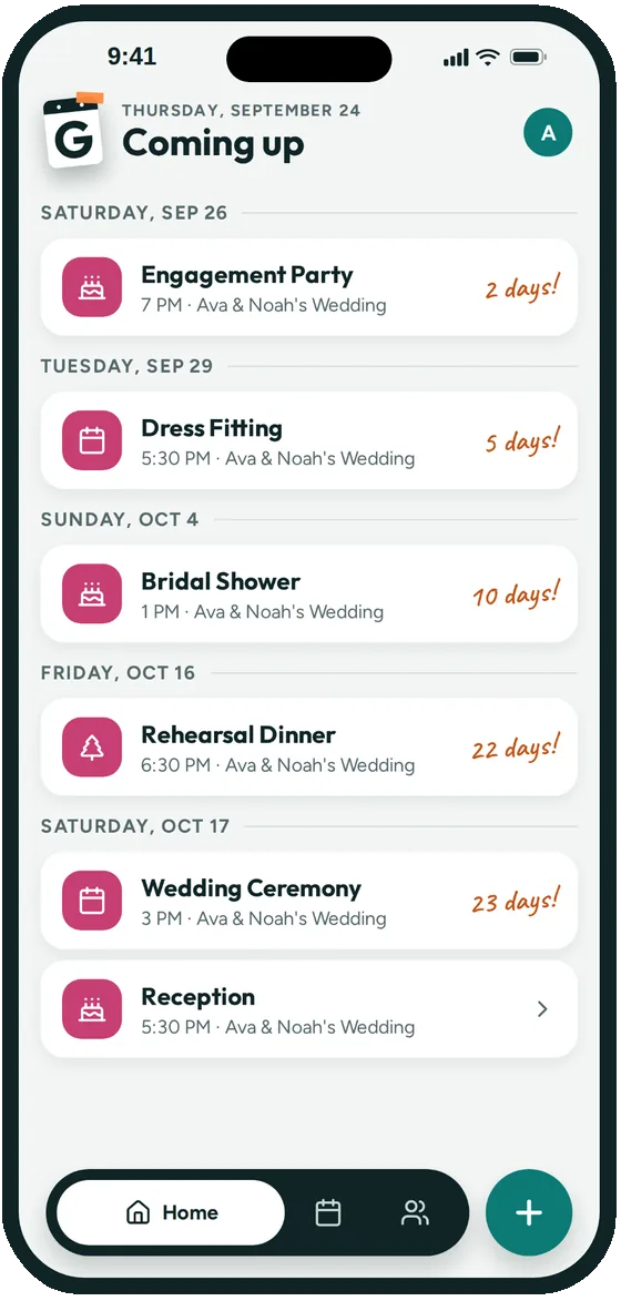 A wedding group's Coming up list in Groupy: engagement party, dress fitting, bridal shower, rehearsal dinner, ceremony and reception