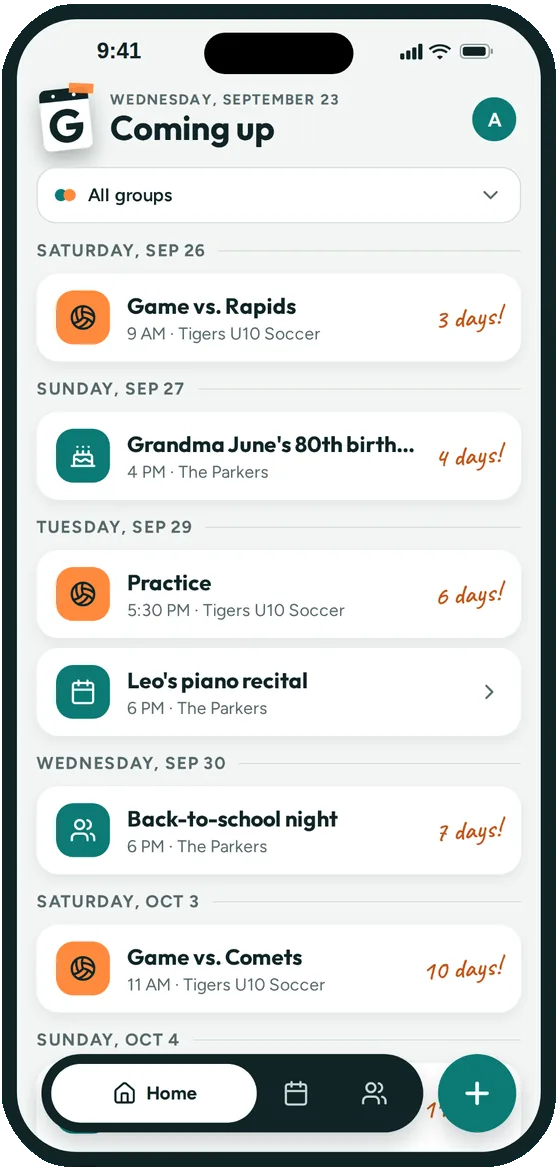 A parent's Coming up list in Groupy: a soccer game, Grandma's birthday, practice, a piano recital and back-to-school night