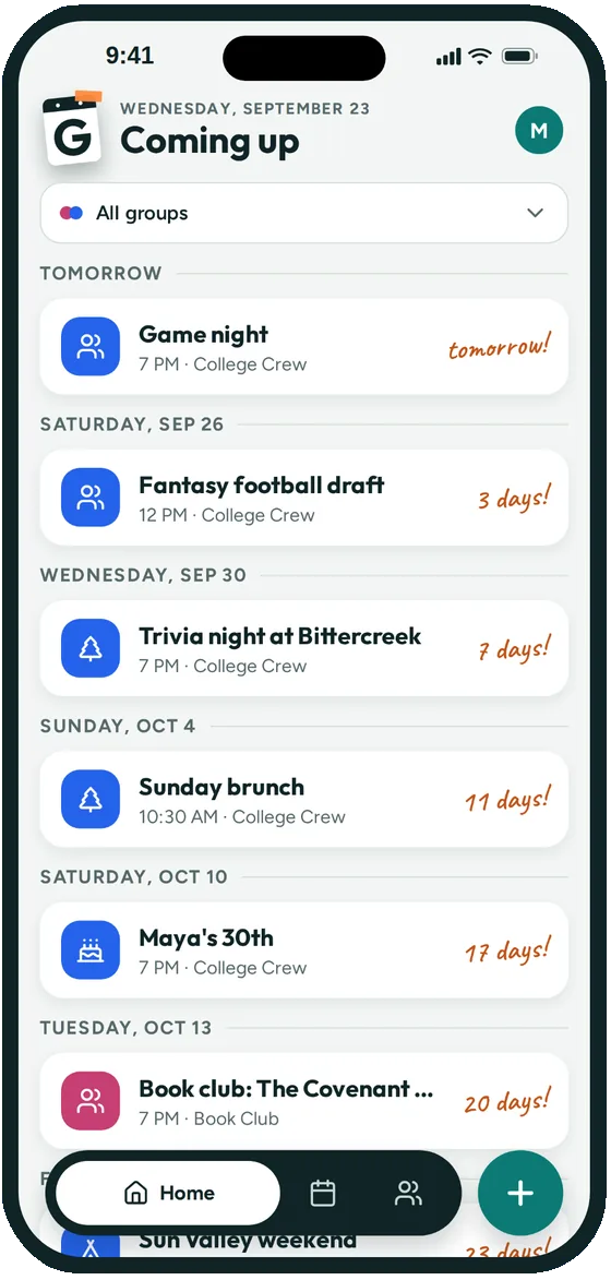 A friend group's Coming up list in Groupy: game night, a fantasy football draft, trivia night, Sunday brunch and a 30th birthday