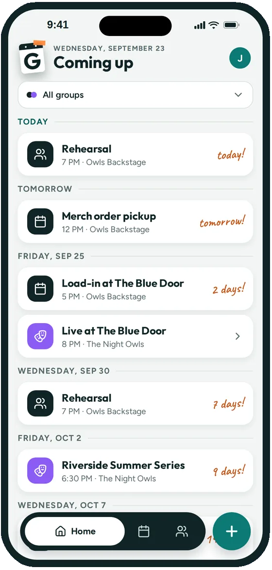 A band's Coming up list in Groupy with rehearsals, load-in and show dates