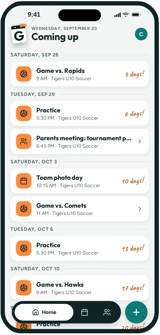 A coach's Coming up list in Groupy with practices, Saturday games, a parents meeting and team photo day